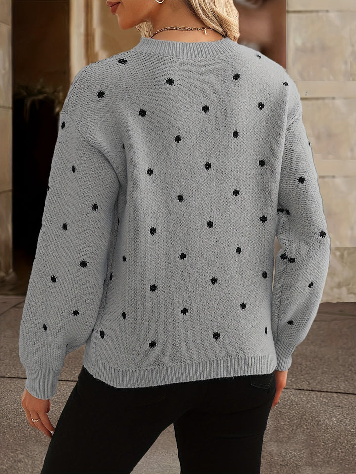 Women's polka-dot knit pullover with a round neck and long sleeves for autumn, relaxed fit