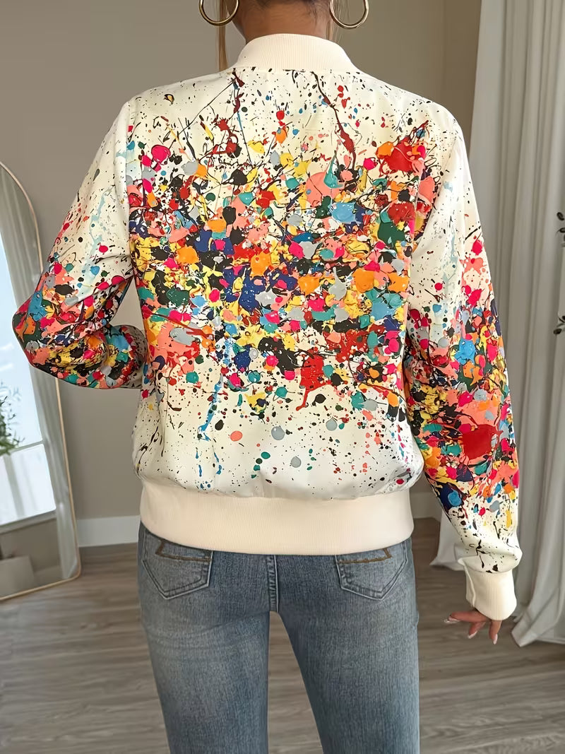 Women's zip-up bomber jacket with abstract print, lightweight and comfortable jacket for transitional seasons