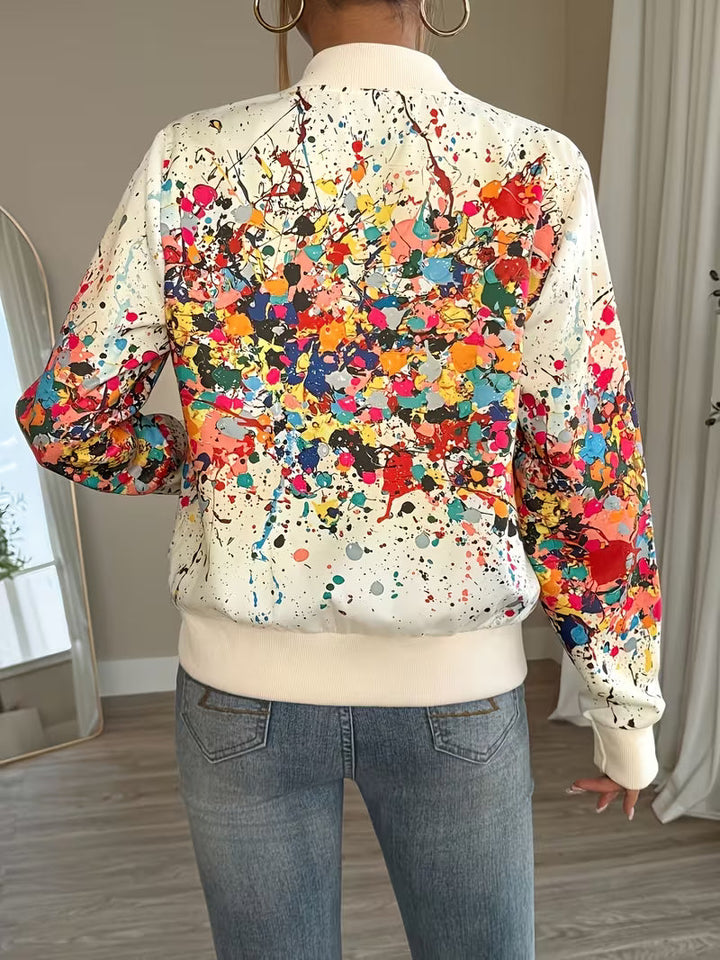 Women's zip-up bomber jacket with abstract print, lightweight and comfortable jacket for transitional seasons