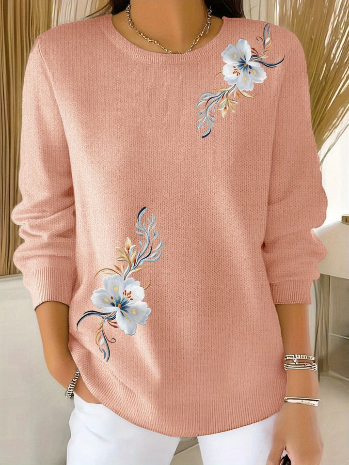 Women's round-neck soft-knit sweater with floral pattern, loose and comfortable sweater for autumn