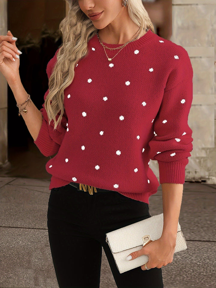 Women's polka-dot knit pullover with a round neck and long sleeves for autumn, relaxed fit