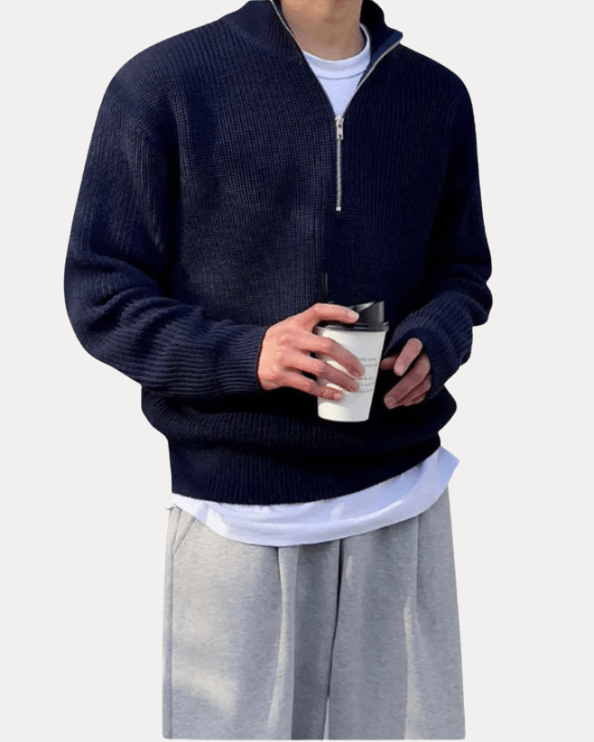 Pull en laine pour homme à col montant zippé, idéal pour l’automne