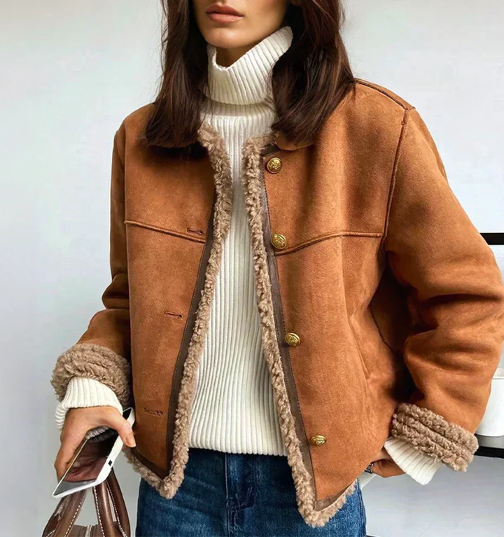 Veste femme en suédine doublée sherpa, veste d'hiver chaude et élégante à boutons