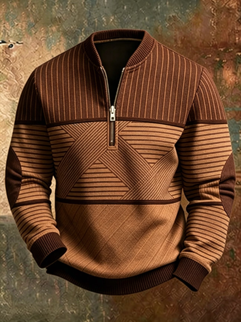 Men's half-zip stand-collar sweater in geometric-patterned knit, casual pullover for autumn