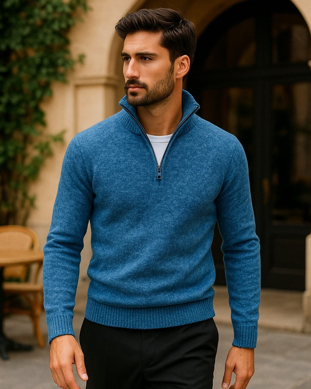 Pull homme en maille texturée à fermeture éclair sous le col, idéal pour l’automne