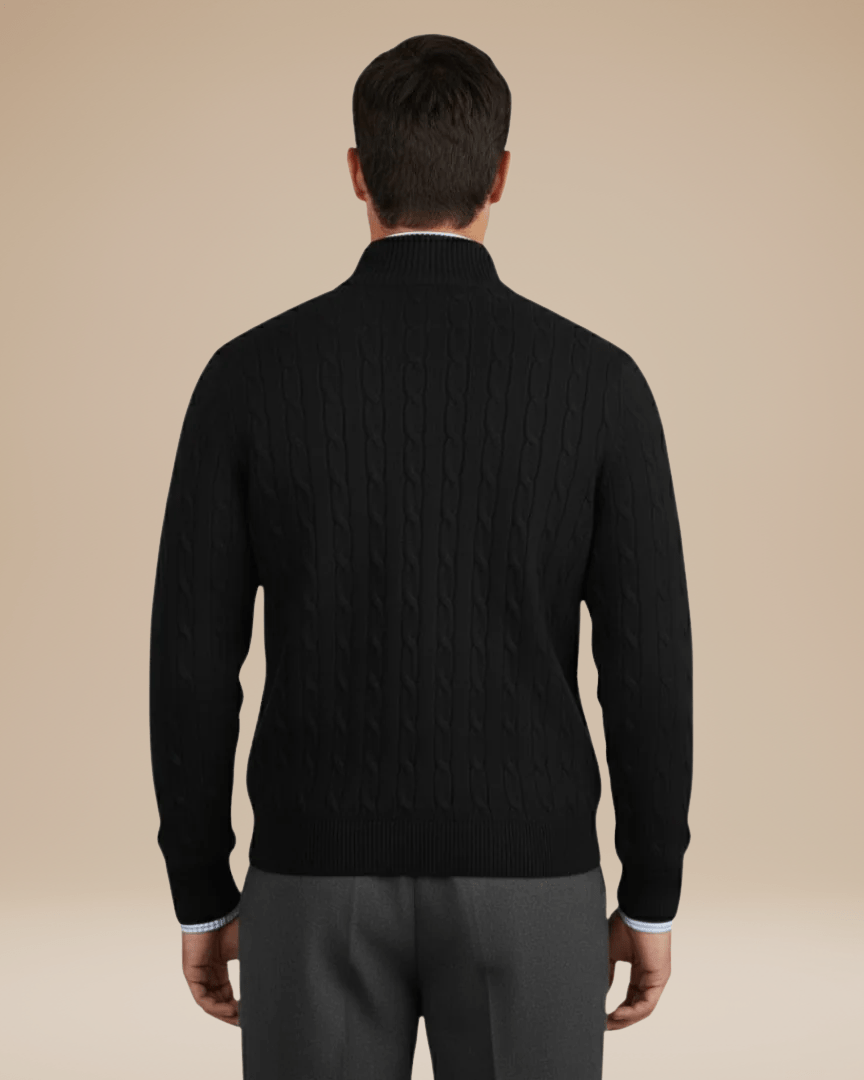 Men's cable-knit wool sweater with a zip-up stand collar for autumn