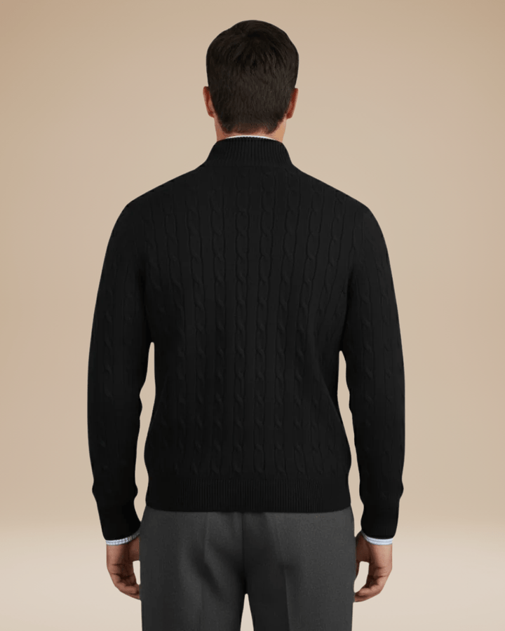 Men's cable-knit wool sweater with a zip-up stand collar for autumn