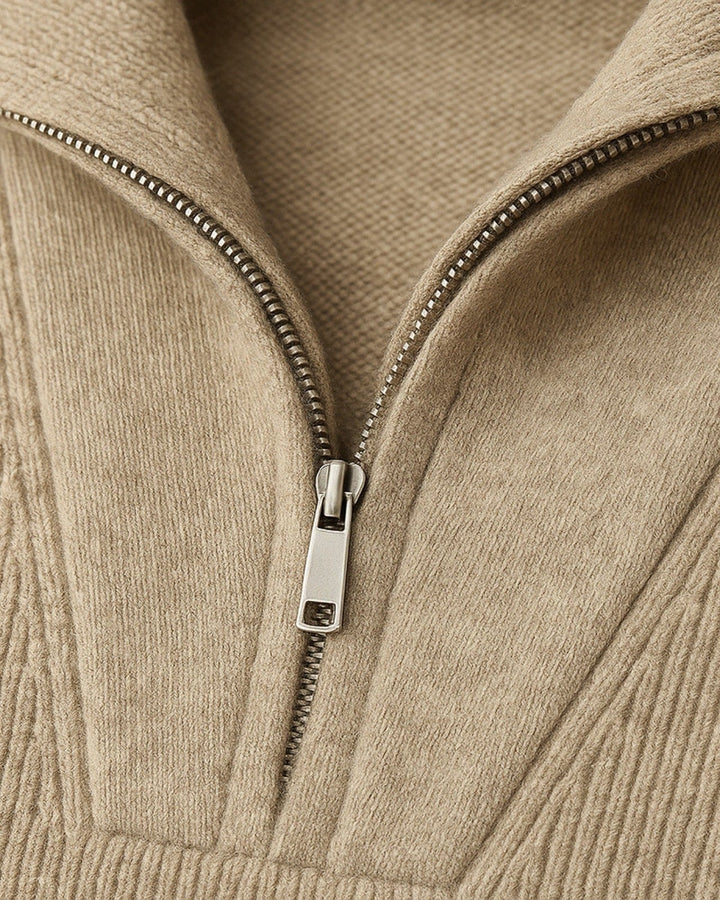 Men’s ribbed cashmere sweater with a zip-up collar for autumn