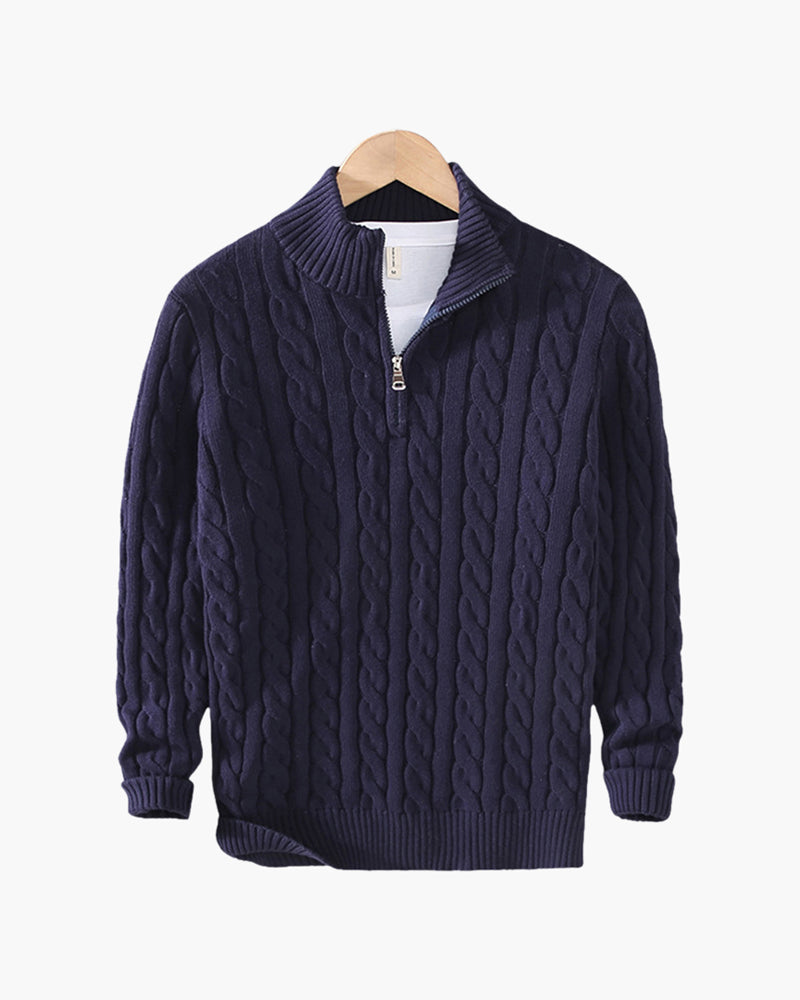 Pull homme en maille torsadée en coton, à col montant et fermeture éclair, pour l’automne