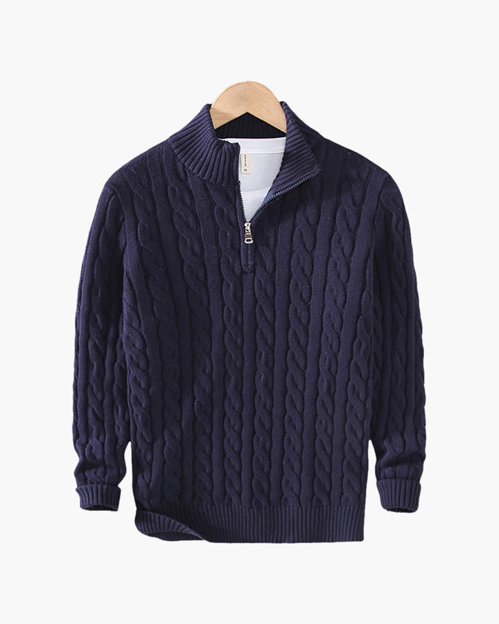 Pull homme en maille torsadée en coton, à col montant et fermeture éclair, pour l’automne