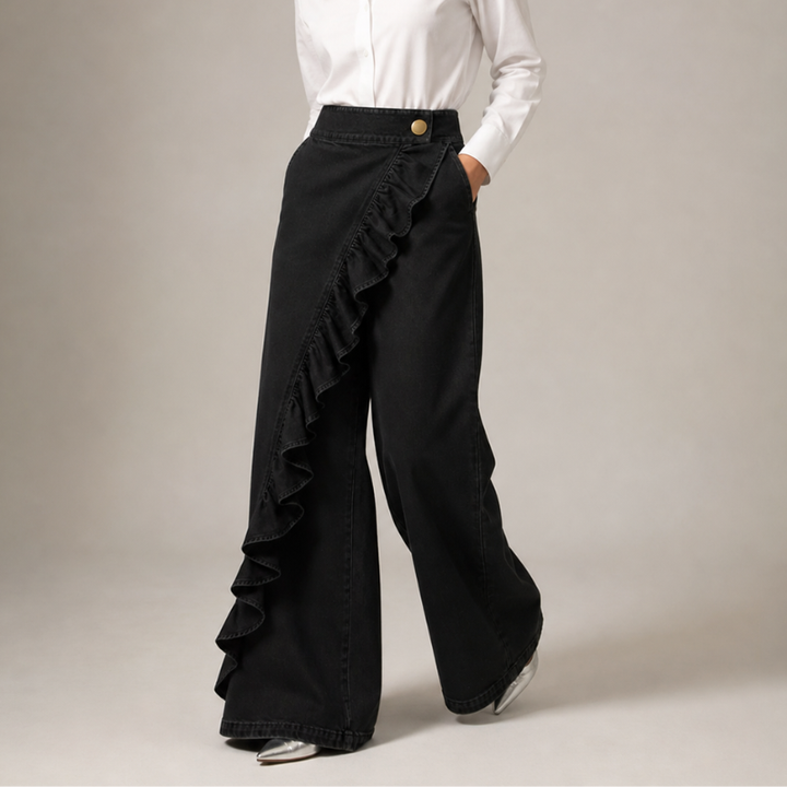 Jean femme en coton à taille haute et jambes larges, pour l’automne