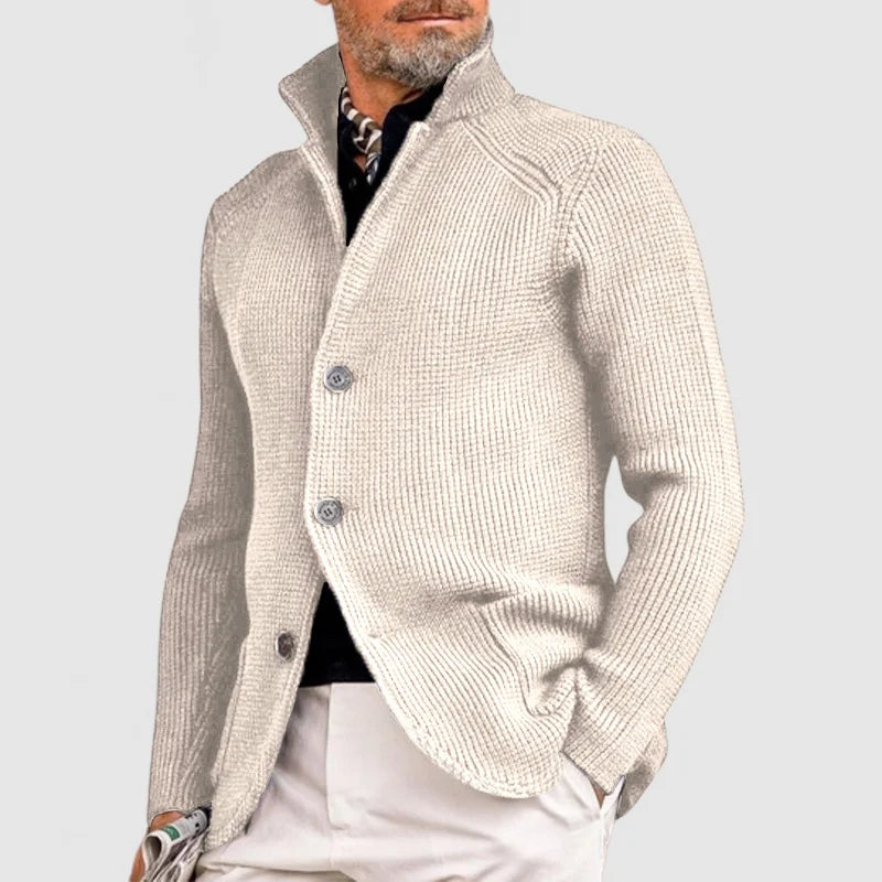 Men's zip-up knit jacket with a stand-up collar, in autumn knit