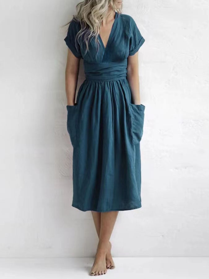Marita | Elegant cotton midi dressing gown with V-neckline and sleeveless design - Comfortable and stylish