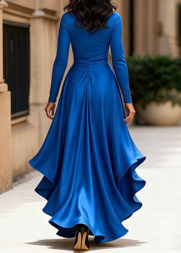 Women’s satin wrap dress with ruffles for autumn, long sleeves and a V-neck