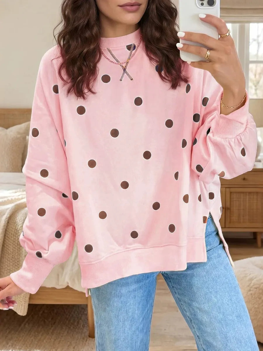 Sweat-shirt femme à pois en coton doux, sweat oversize col rond confortable pour l'automne