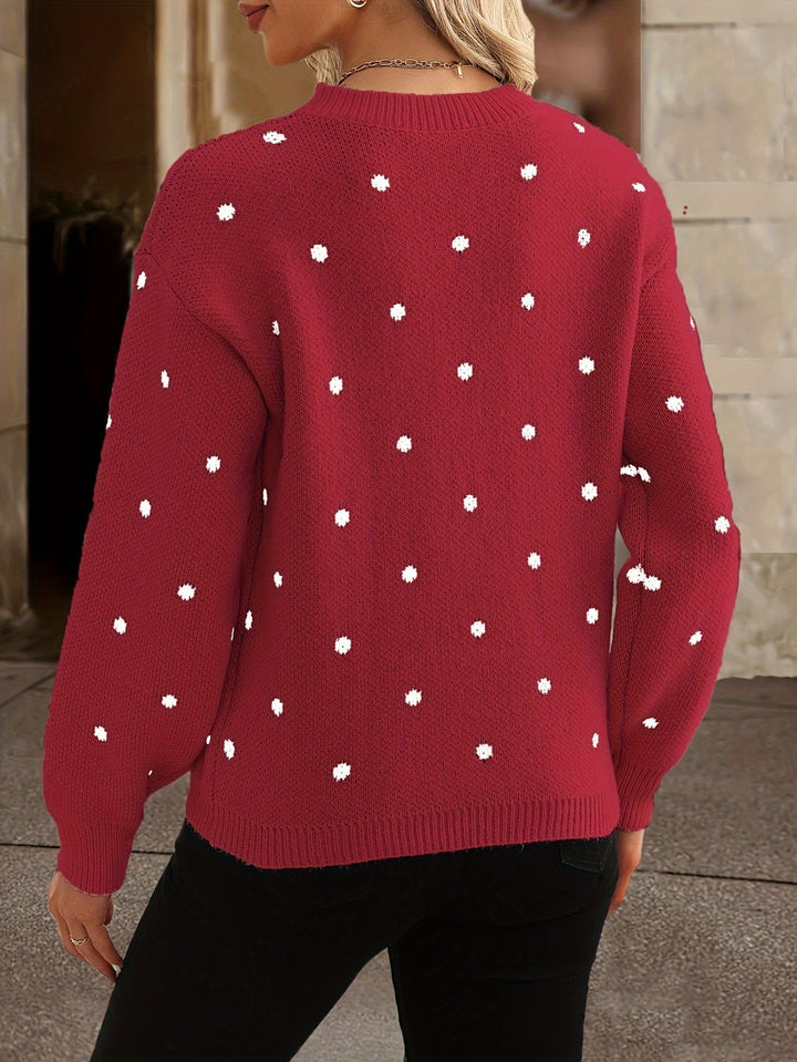 Women's polka-dot knit pullover with a round neck and long sleeves for autumn, relaxed fit