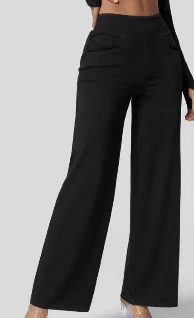 Jean femme extensible taille haute à jambes larges, pantalon décontracté en denim pour l’automne