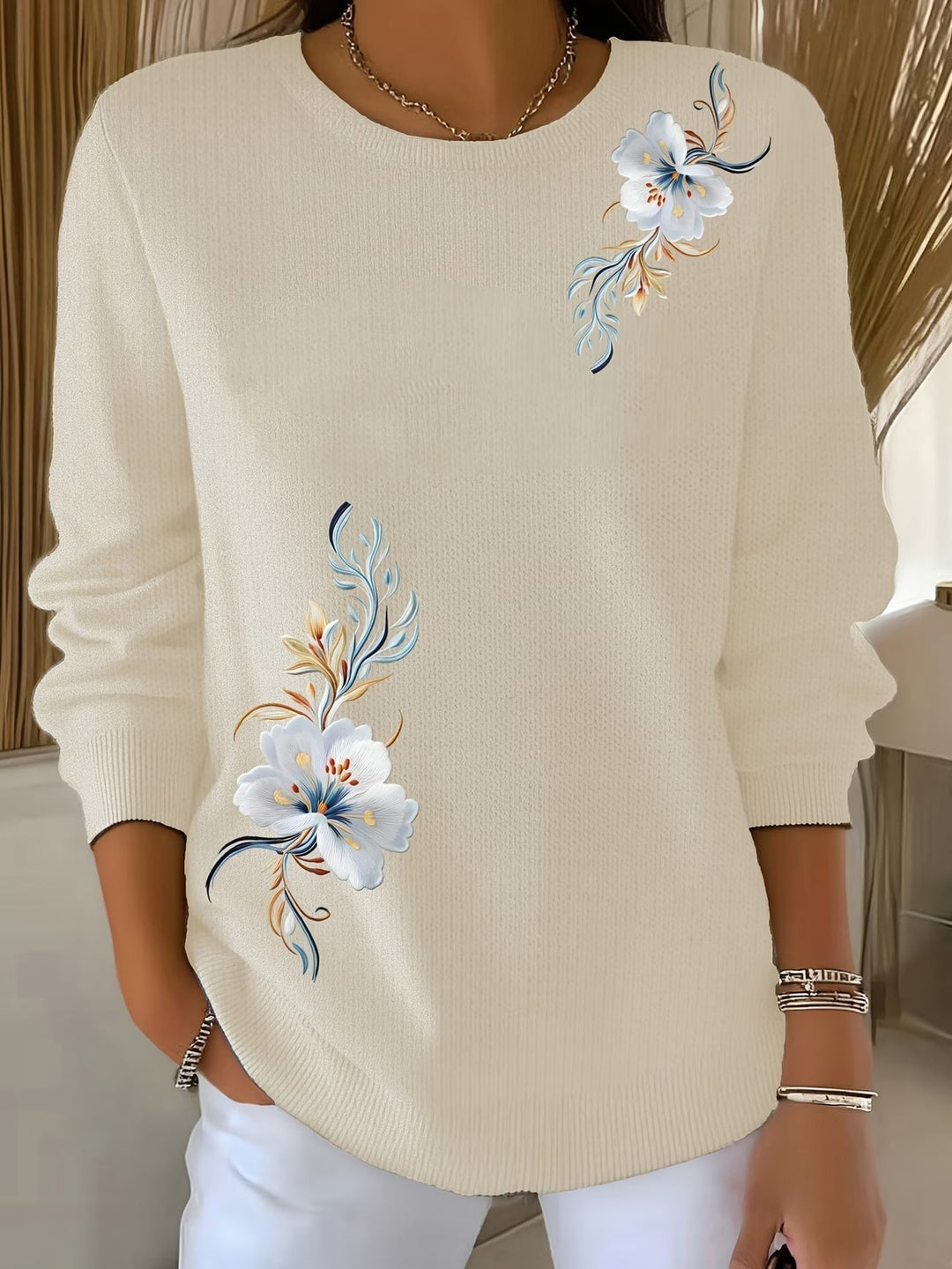 Women's round-neck soft-knit sweater with floral pattern, loose and comfortable sweater for autumn