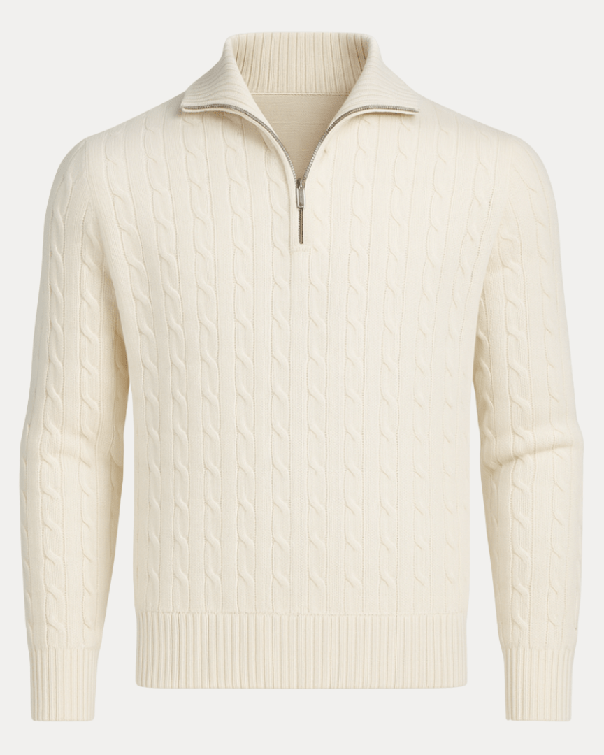 Men's cable-knit wool sweater with a zip-up stand collar for autumn