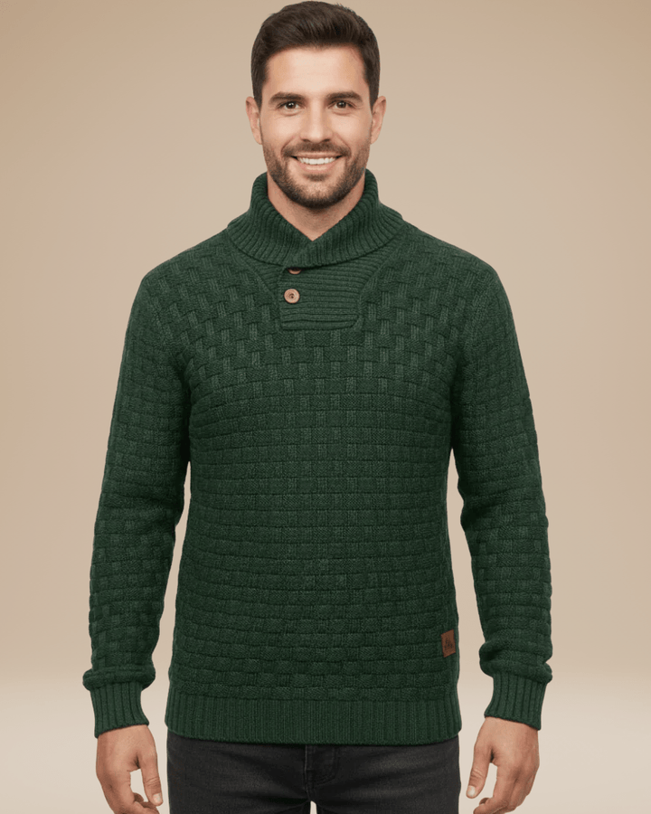 Men’s wool sweater with a shawl collar, basket weave, autumn style