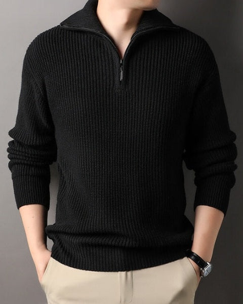 Pull en laine pour homme à col zippé, en maille texturée, idéal pour l’automne