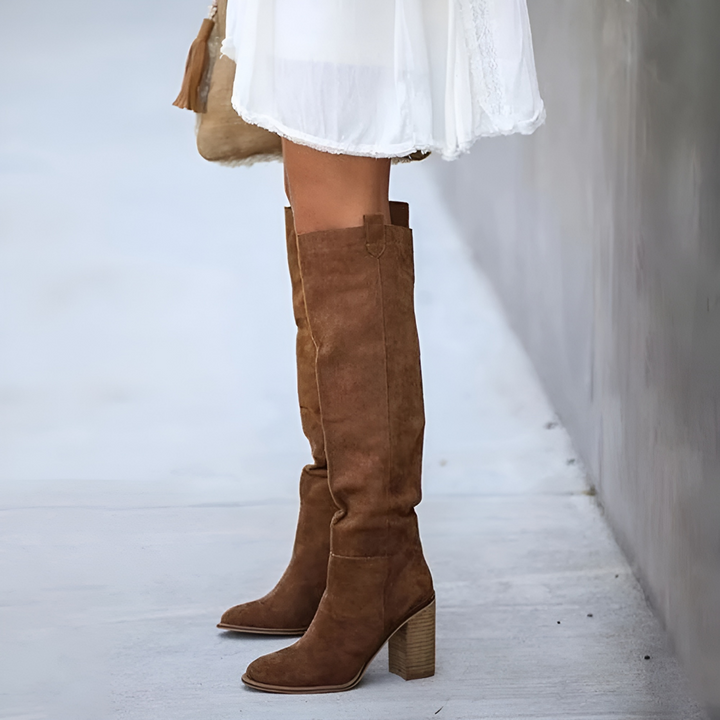Bottes hautes pour femmes jusqu'aux genoux à talon bloc et bout pointu pour l'automne