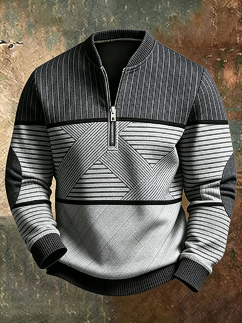 Men's half-zip stand-collar sweater in geometric-patterned knit, casual pullover for autumn