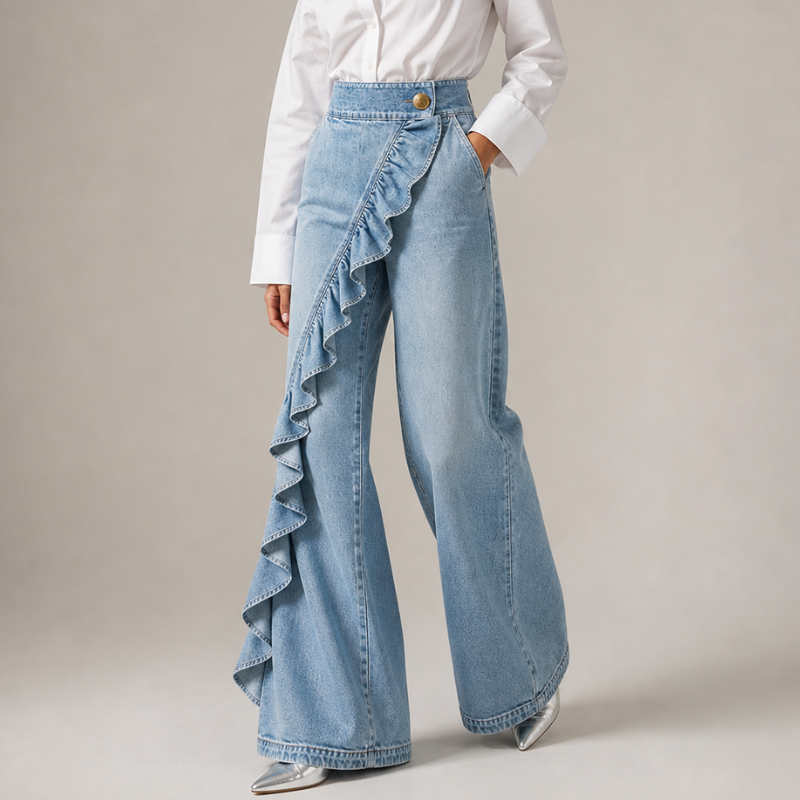 Jean femme en coton à taille haute et jambes larges, pour l’automne
