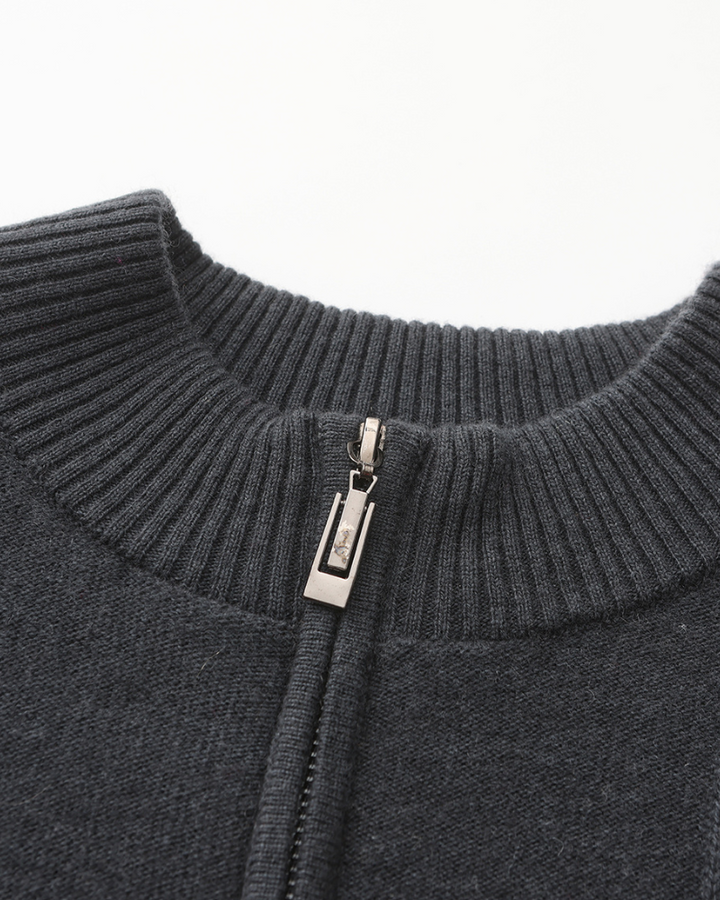 Men’s ribbed cashmere sweater with a stand-up collar and zipper, for autumn