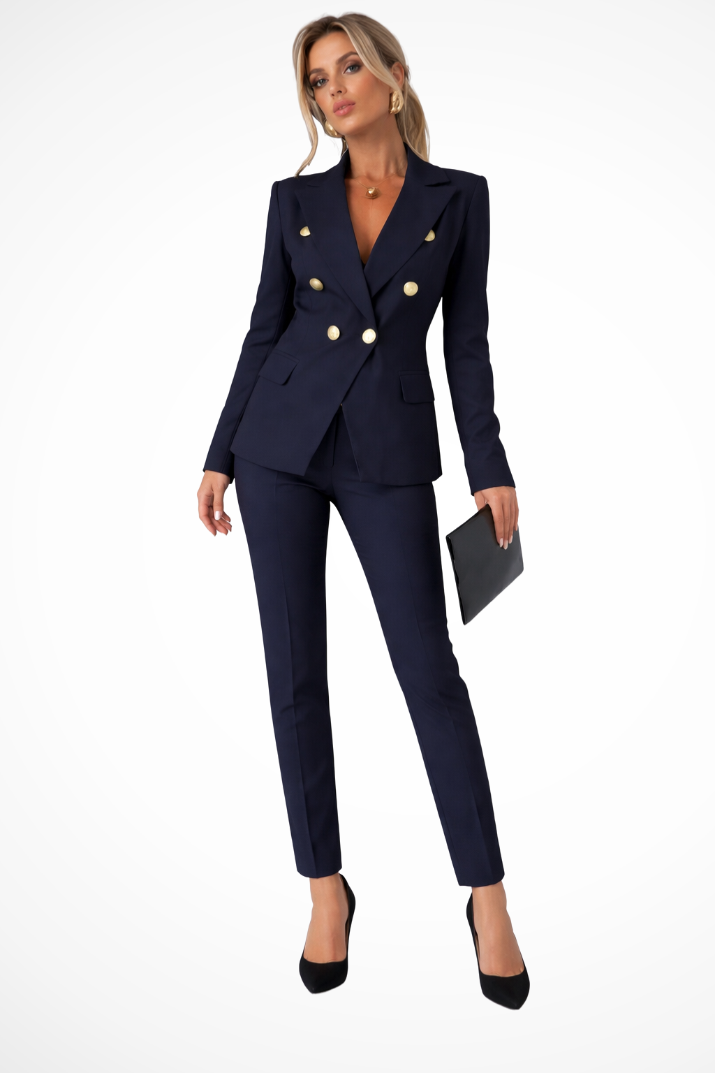 Women’s suit: double-breasted jacket and matching trousers, elegant and formal for autumn