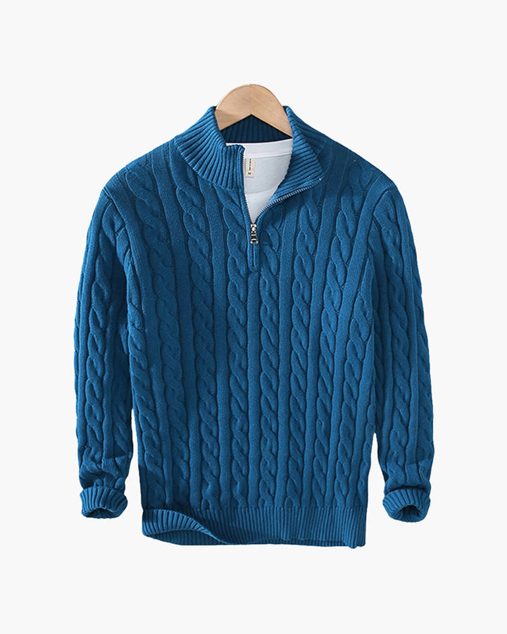 Pull homme en maille torsadée en coton, à col montant et fermeture éclair, pour l’automne
