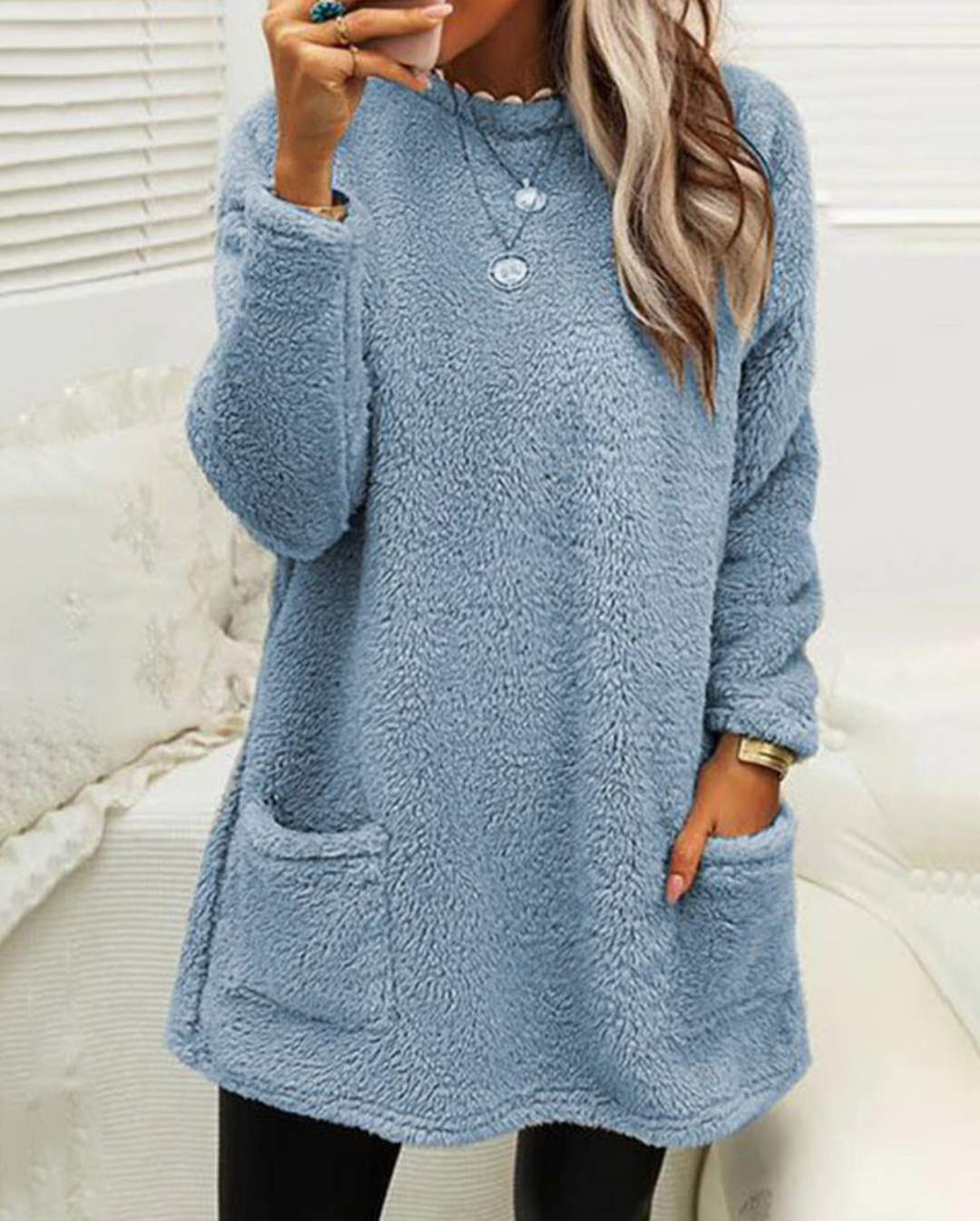 Pull long femme en laine mélangée à manches longues pour l’automne et l’hiver