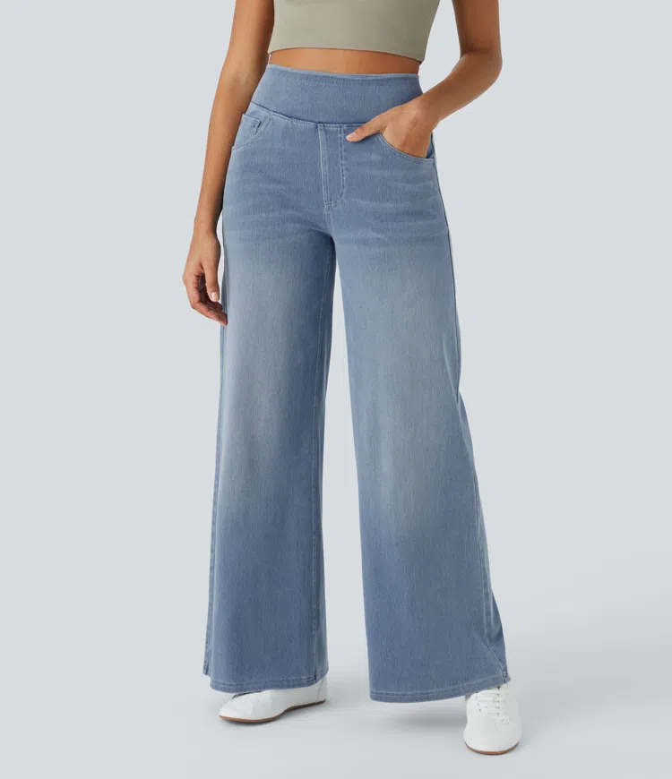 Jean femme extensible taille haute à jambes larges, pantalon décontracté en denim pour l’automne