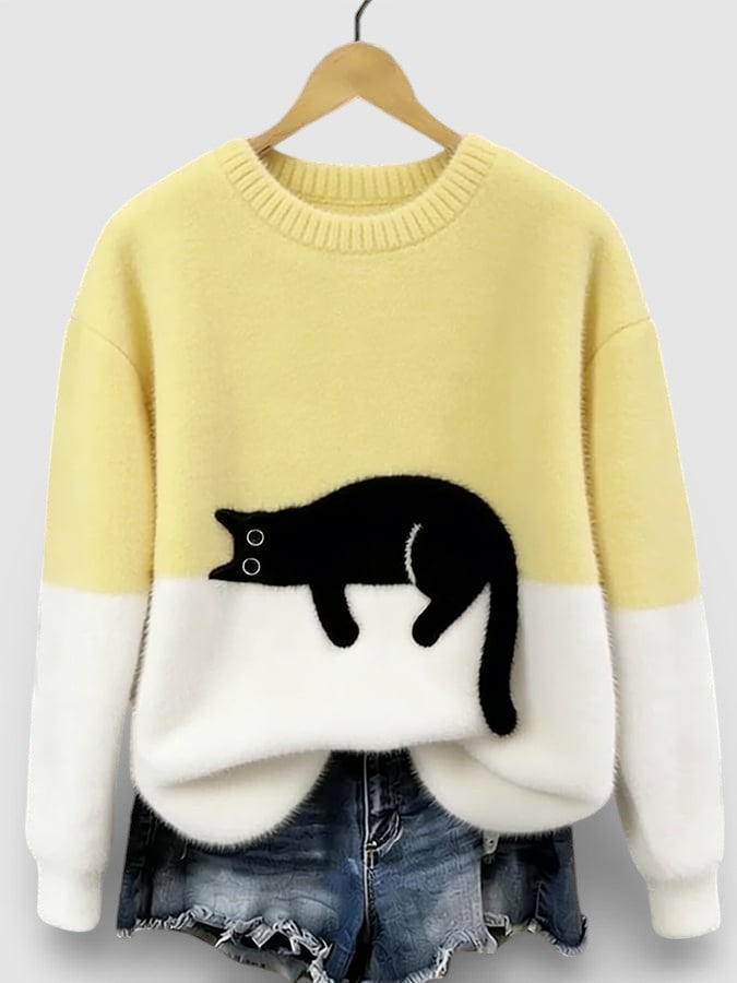 Pull femme en coton à motif chat pour l'automne, coupe décontractée pour le quotidien