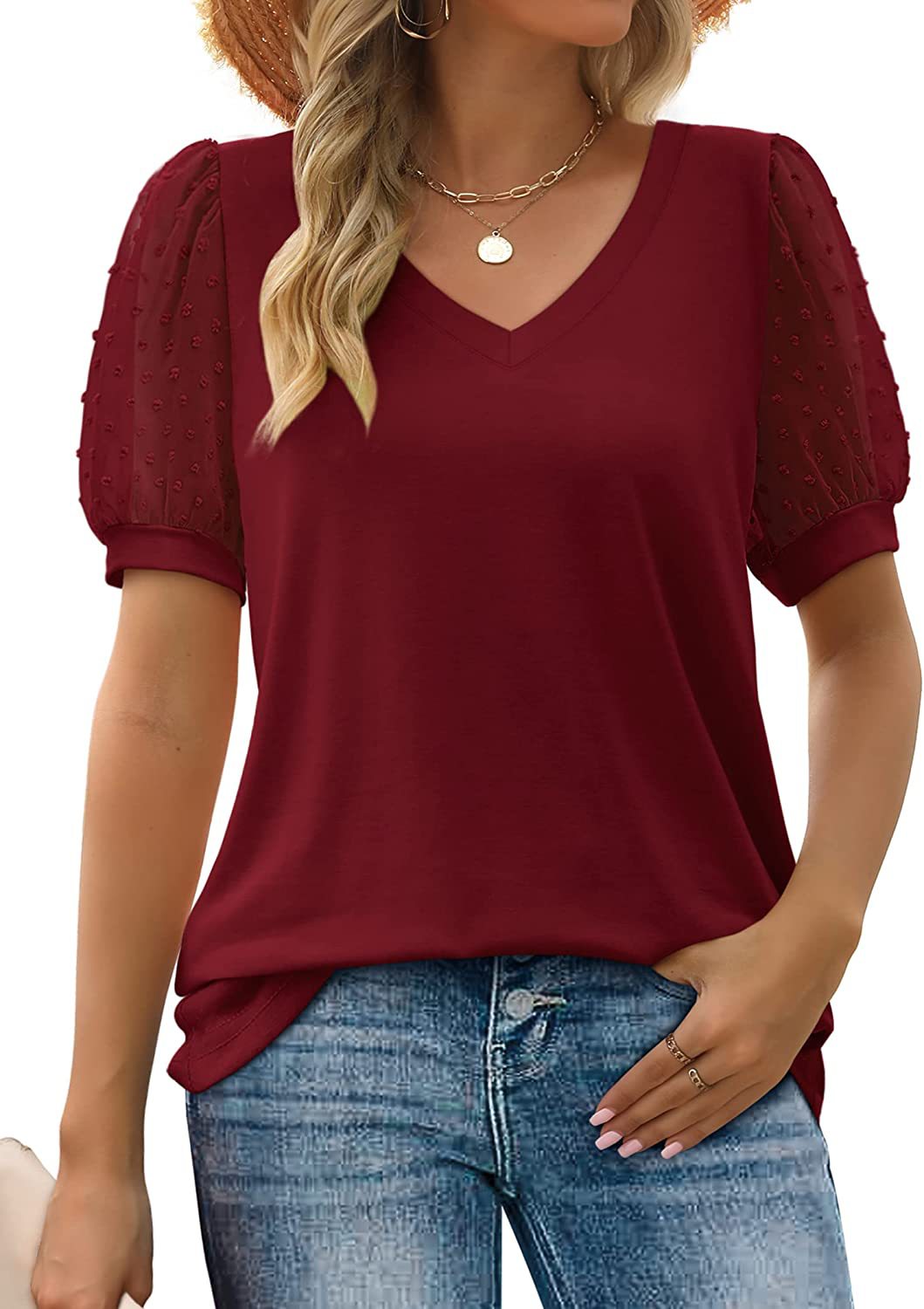 Sivhild | Elegant V-Neck Top with Transparent Mesh Sleeves - Casual Short Sleeve Blouse for Women