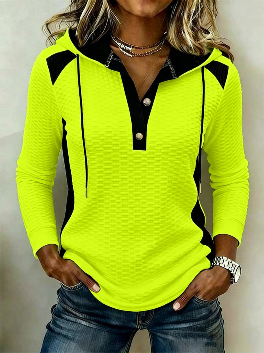 Sweat à capuche femme en maille gaufrée, pull à capuche col boutonné confortable pour l'automne