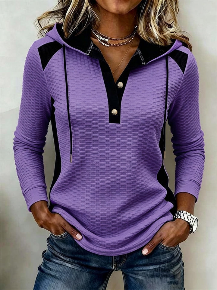 Sweat à capuche femme en maille gaufrée, pull à capuche col boutonné confortable pour l'automne