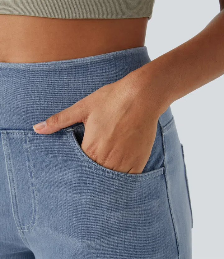 Jean femme extensible taille haute à jambes larges, pantalon décontracté en denim pour l’automne