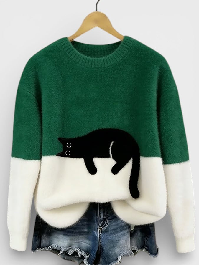 Pull femme en coton à motif chat pour l'automne, coupe décontractée pour le quotidien