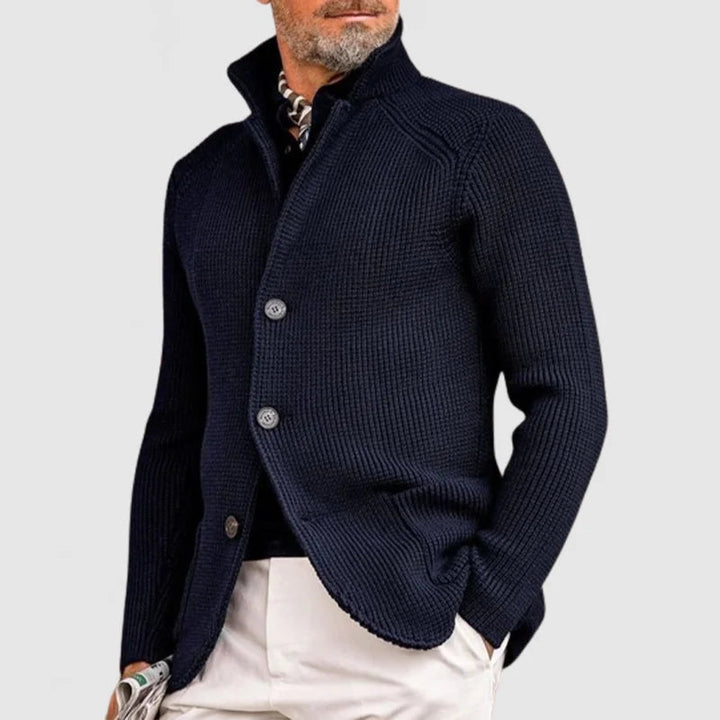 Men's zip-up knit jacket with a stand-up collar, in autumn knit