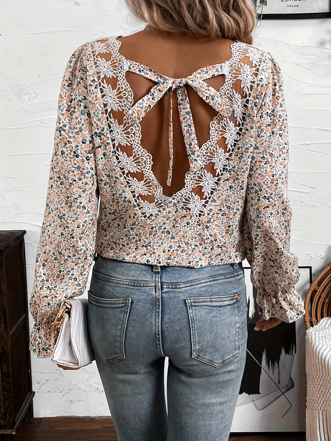 Eglantine | Chic Floral Print Blouse with V-Neck and Lace Bow Detail, Elegant Low Back Design
