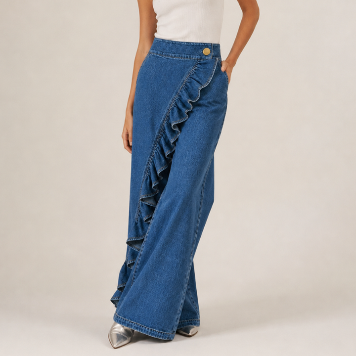 Jean femme en coton à taille haute et jambes larges, pour l’automne