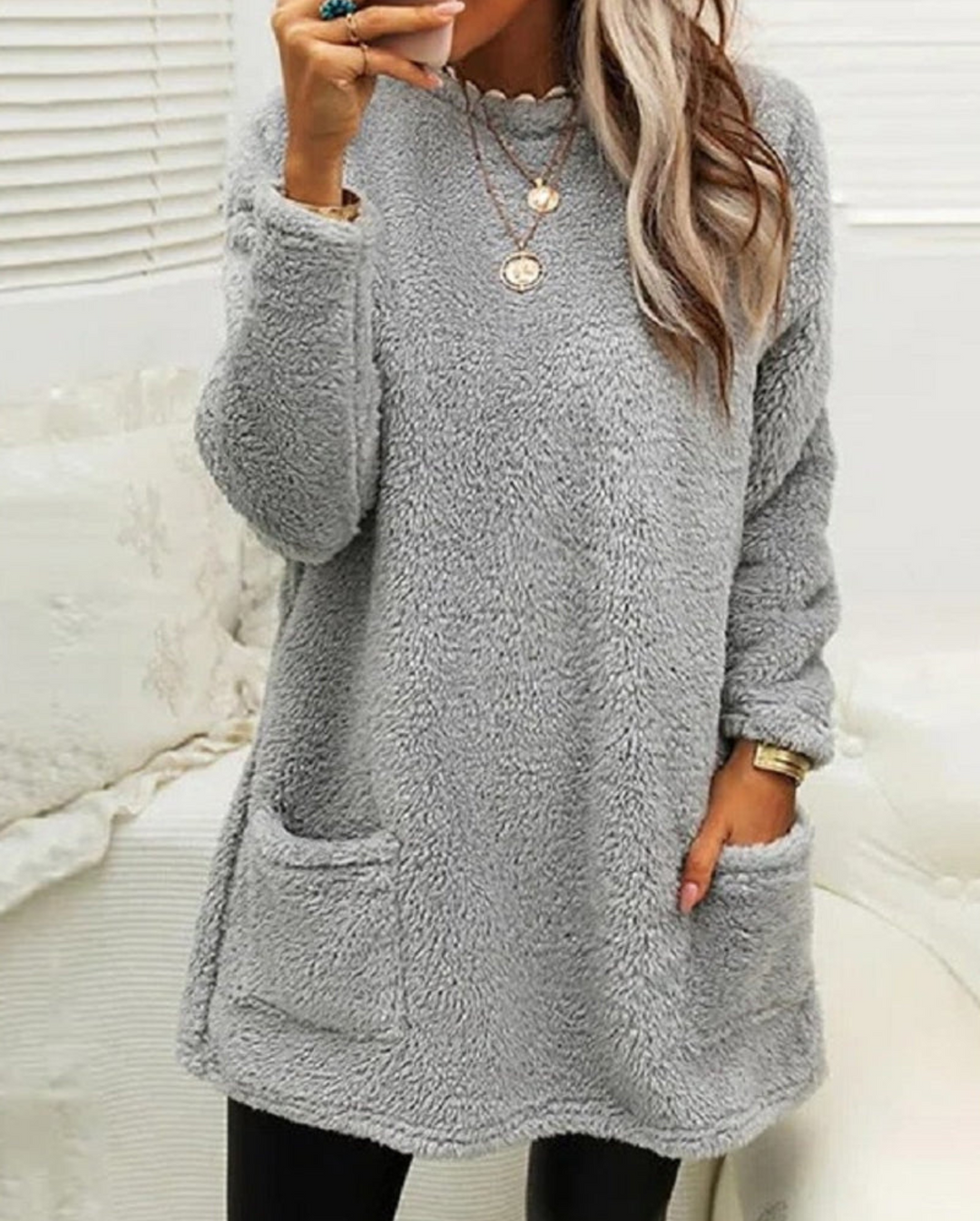 Pull long femme en laine mélangée à manches longues pour l’automne et l’hiver