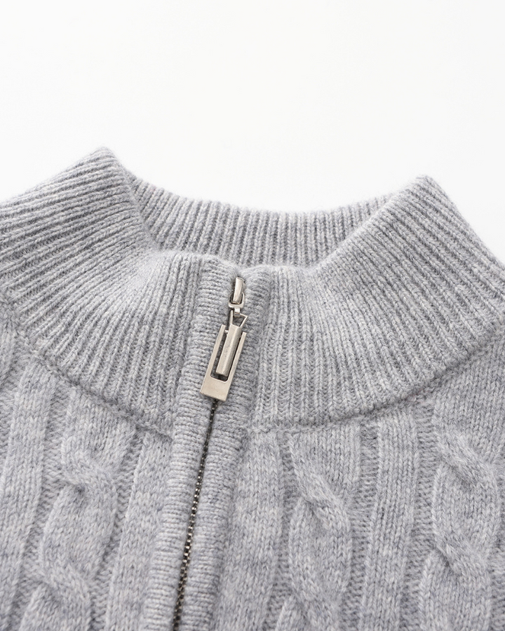 Pull homme en cachemire à col zippé, maille torsadée, pour l’automne
