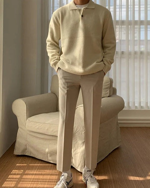 Pull polo homme en coton, maille douce, pour l’automne, avec bouton