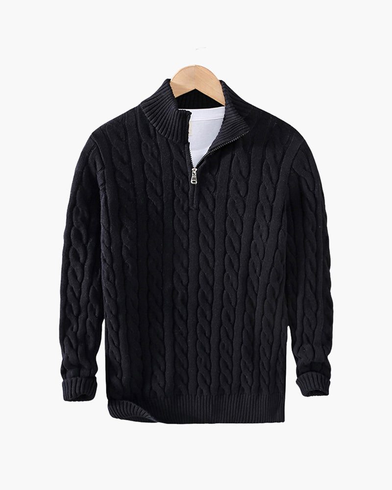 Pull homme en maille torsadée en coton, à col montant et fermeture éclair, pour l’automne