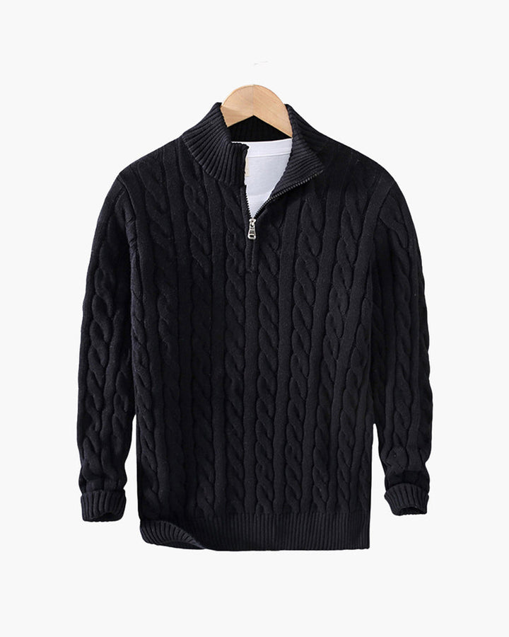 Pull homme en maille torsadée en coton, à col montant et fermeture éclair, pour l’automne