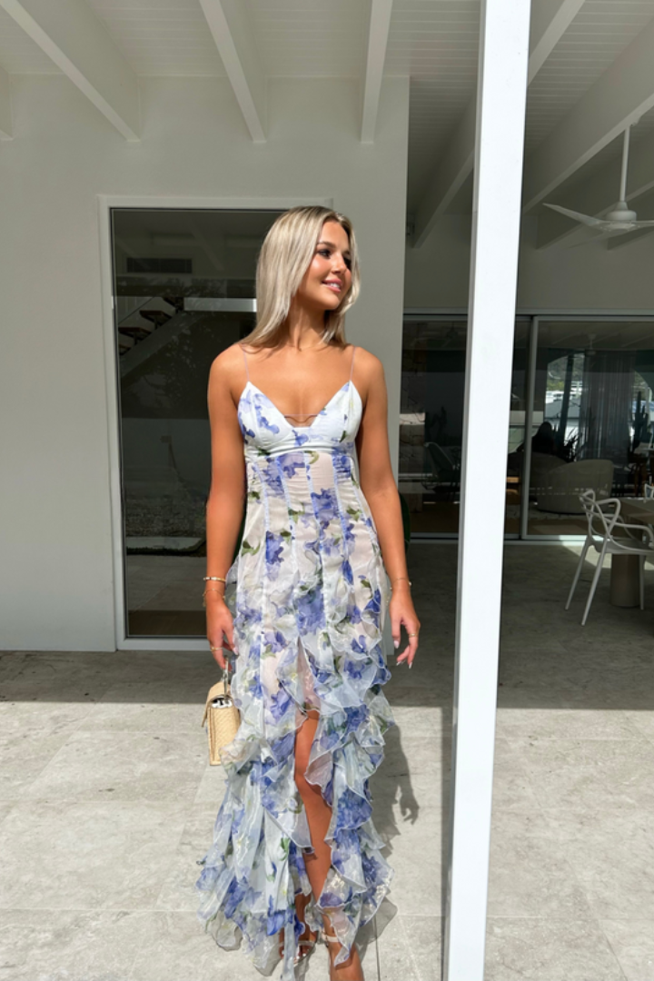 Kaja Robe Maxi en Chiffon Flori avec Volants - Élégante et Chic Robe d'Été pour Femmes