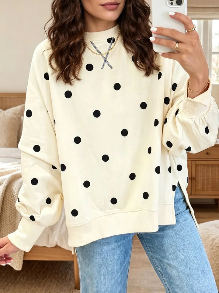 Sweat-shirt femme à pois en coton doux, sweat oversize col rond confortable pour l'automne