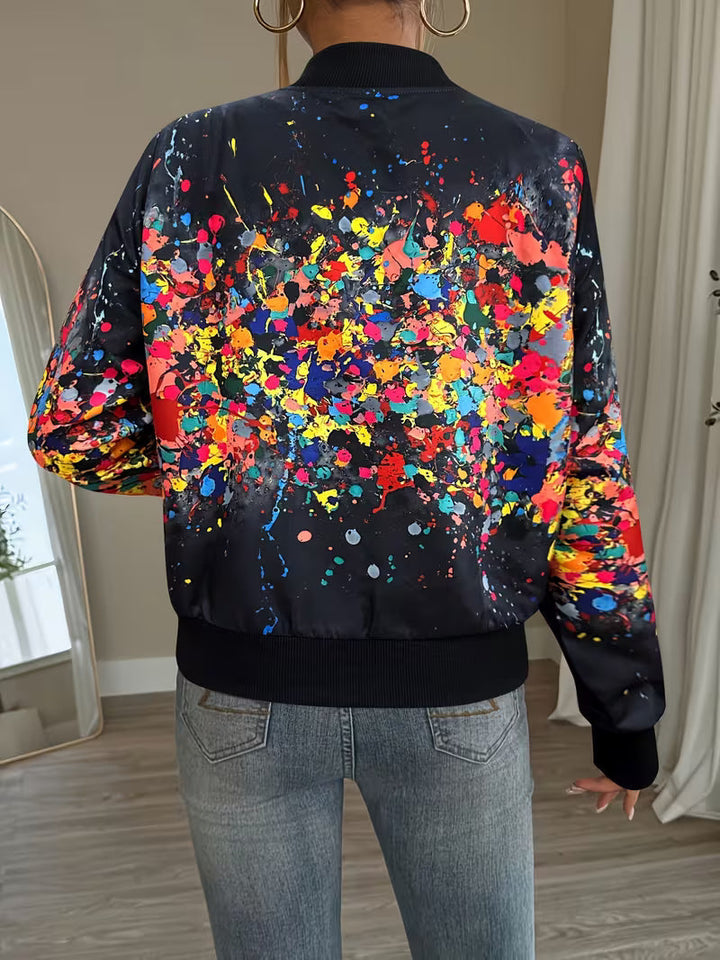 Women's zip-up bomber jacket with abstract print, lightweight and comfortable jacket for transitional seasons